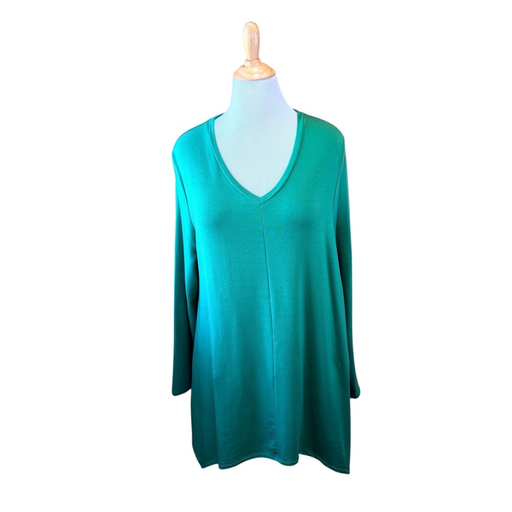 Chicos Soft Emerald Green V-Neck Tunic Top Long Sleeve Sharkbite Hem Knit XL